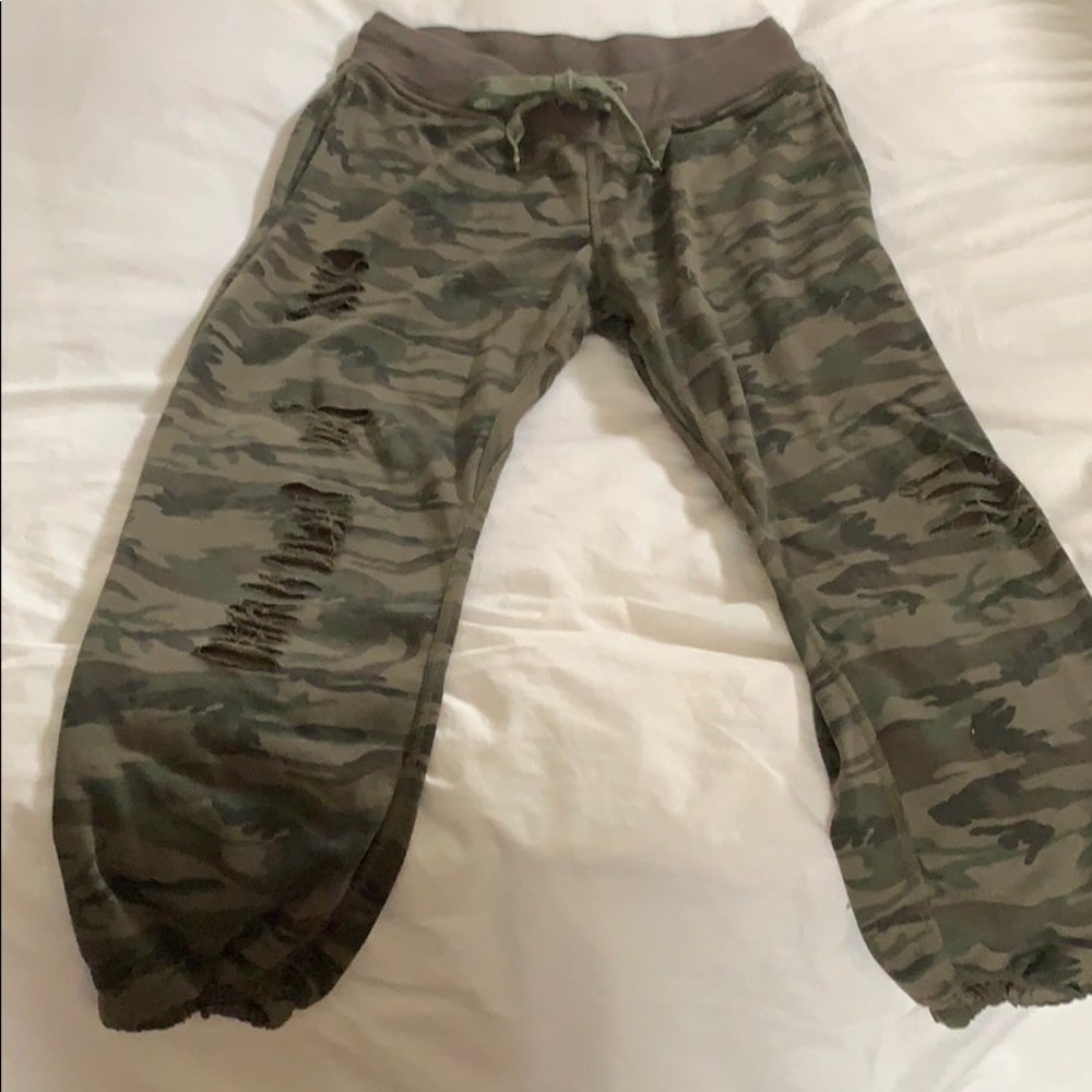 Distressed camo sweatpants